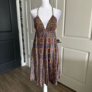 Y2K Vintage LaROK Boho Silk Floral A-line Mini Dress Size S